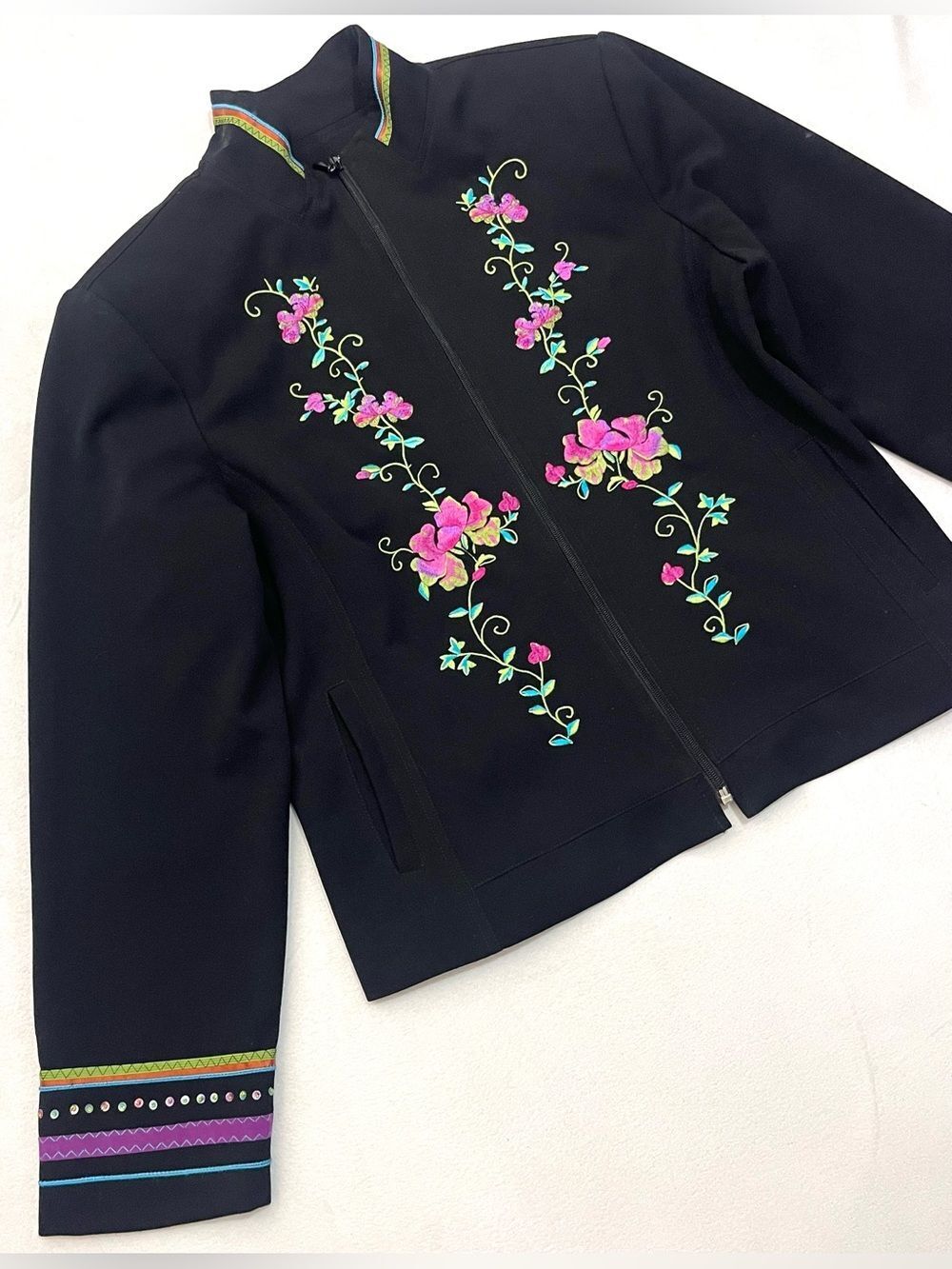 Nancy Bolen Embroidered Sequin Black Pink Floral Zip Blazer Jacket Women’s Top - Picture 4 of 16